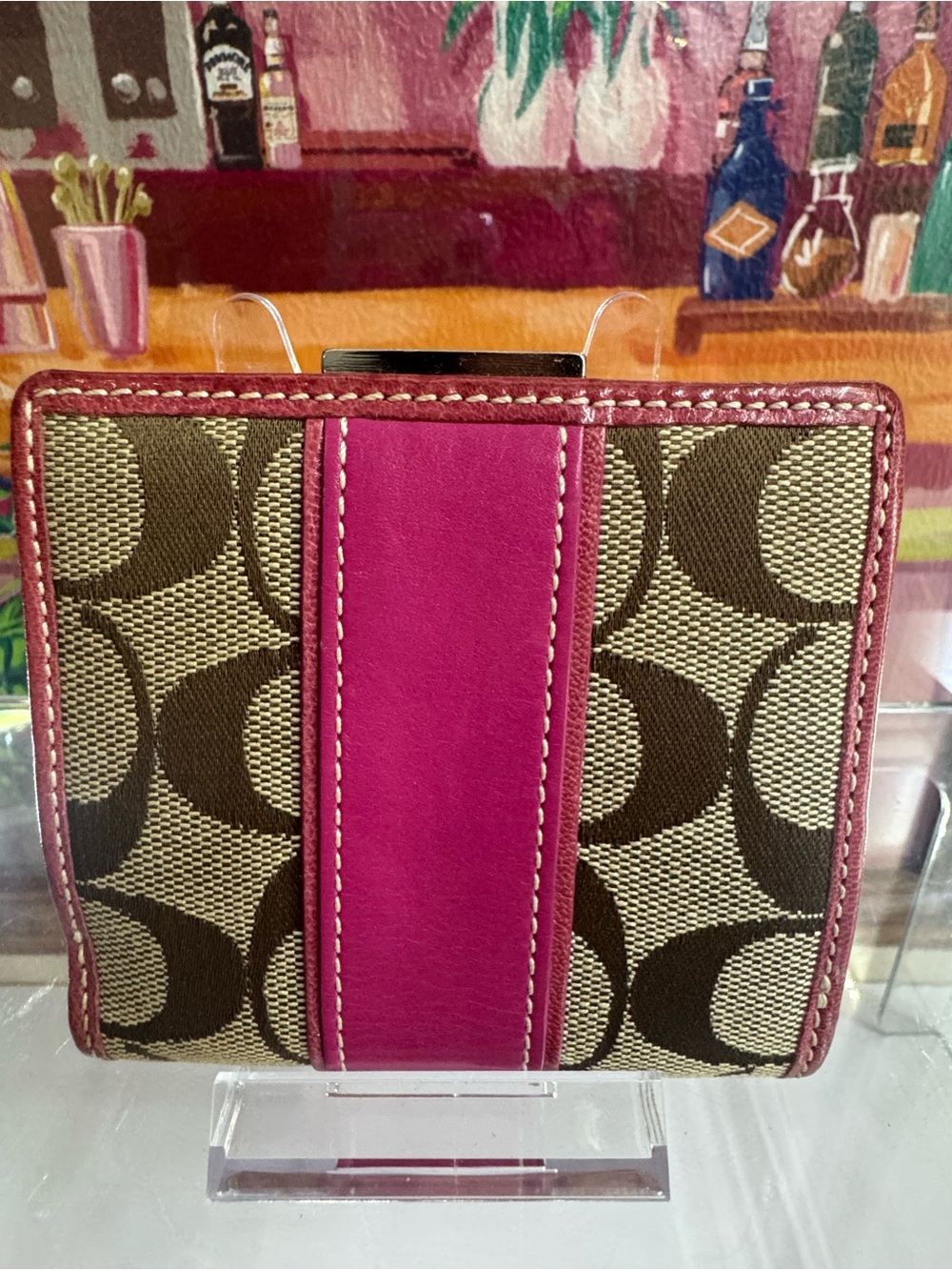 Coach KISS LOCK Signatures Canvas Wallet & Coin Purse with Fuchsia Leather - Picture 7 of 11